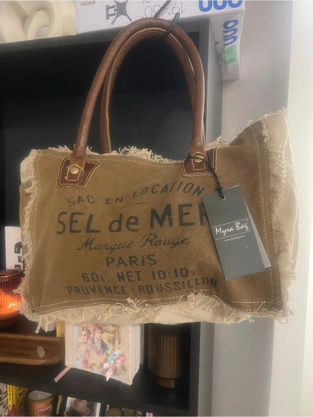 Myra Bag Brown Canvas Tote with Tan Leather Handles